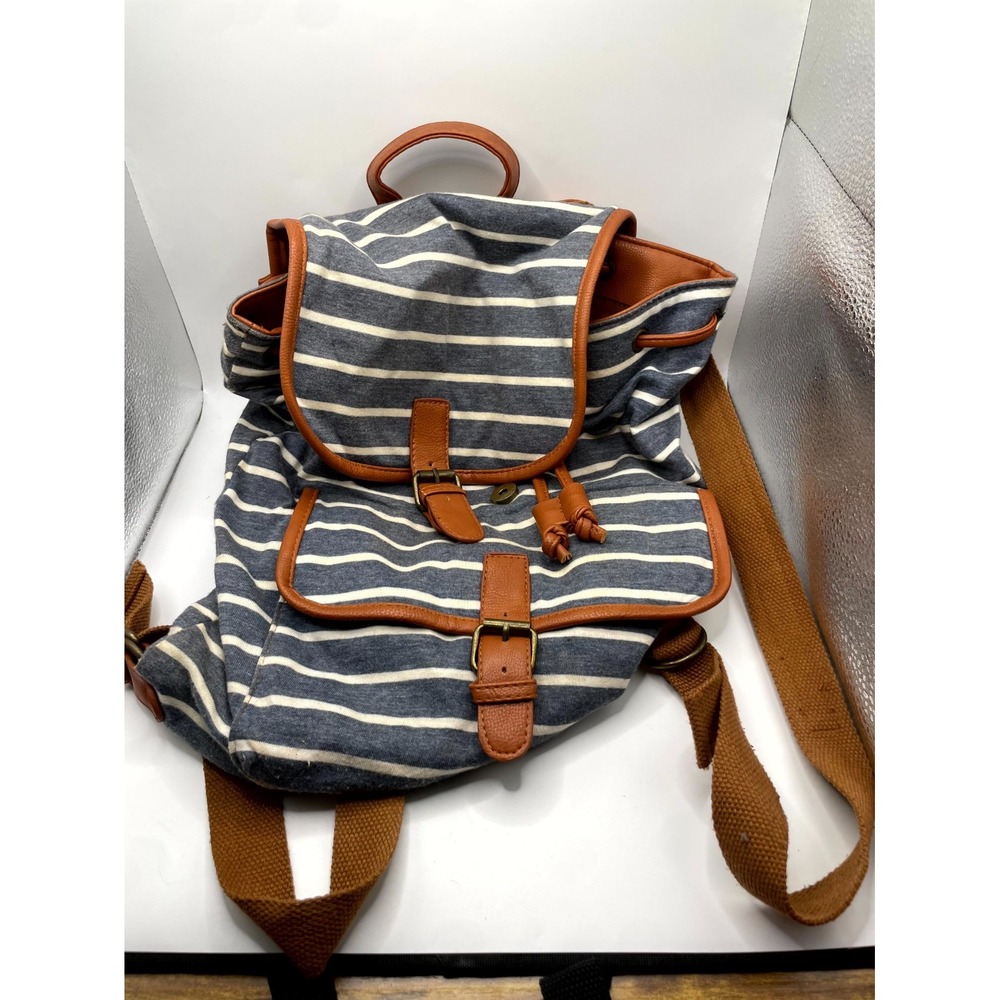 Expressions NYC Backpack Womens Blue White Striped Canvas Flap Front Adjustable